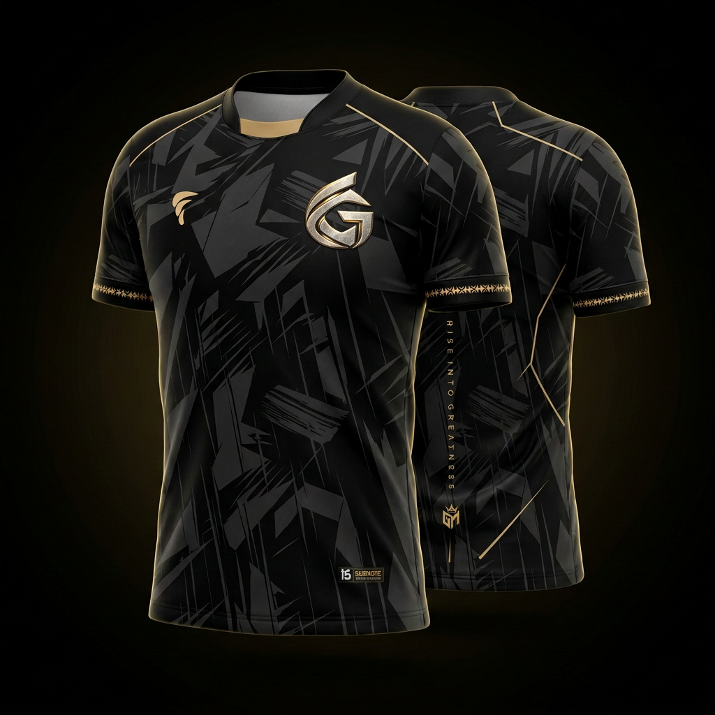 Camiseta oficial da GM Gaming, preta com detalhes dourados